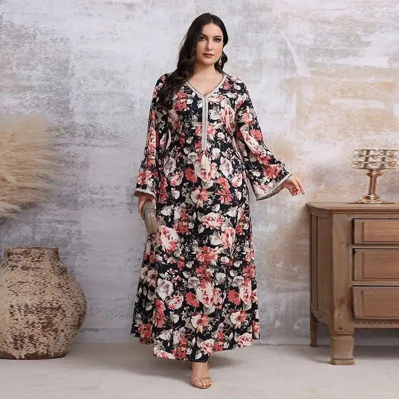 

Kyp1143 Arab Women's Fashion Temperament Printed Long Sleeved Plus Size Dress Party Dress Ramadan Dubai Luxury Islam Elegant