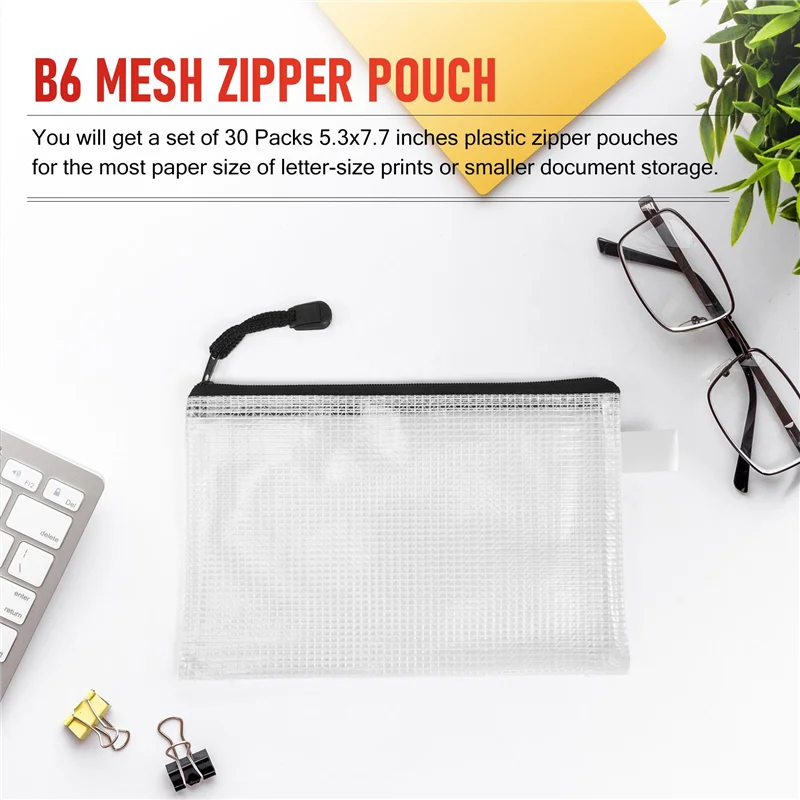 Qy-30Pcs b6 malha zíper bolsa 5.3x7.7 Polegada, saco zip impermeável para material de escritório escolar, quebra-cabeças e armazenamento de organização de jogos