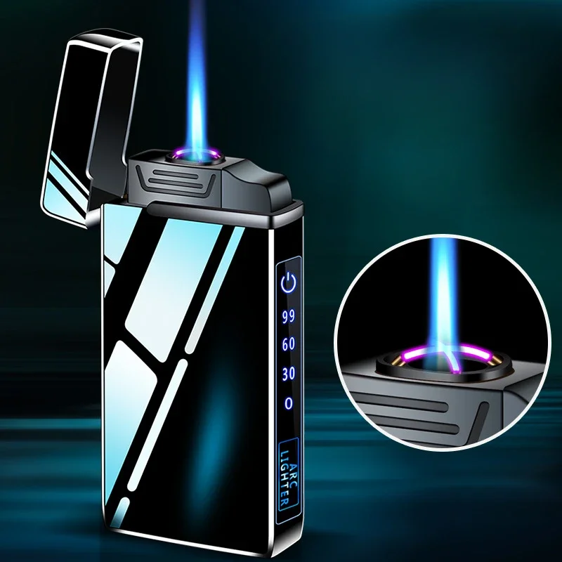 2in1 Jet Lighter Metal Windproof Flameless Electric Lighter Power Display USB Charge Plasma Butane Gas Lighter With Flashlight