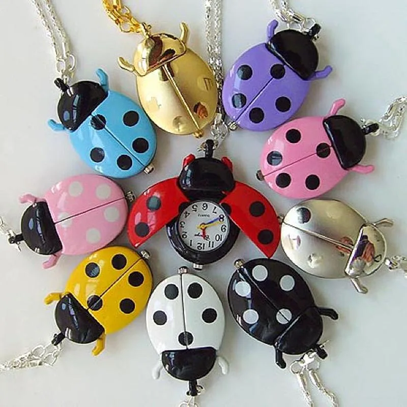 Cute New Fashion Small Golden Beetle Pocket Watchs With Chain Lightweight Necklace Pendant Clock Adult Children Ladybug Watch