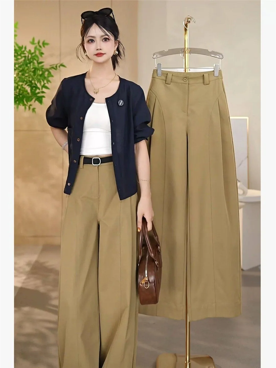Khaki Wide Leg Pants Women's Slim Fit High Waist Slimming Loose Casual Trousers Spring Autumn Fashion Bend Knife Pants