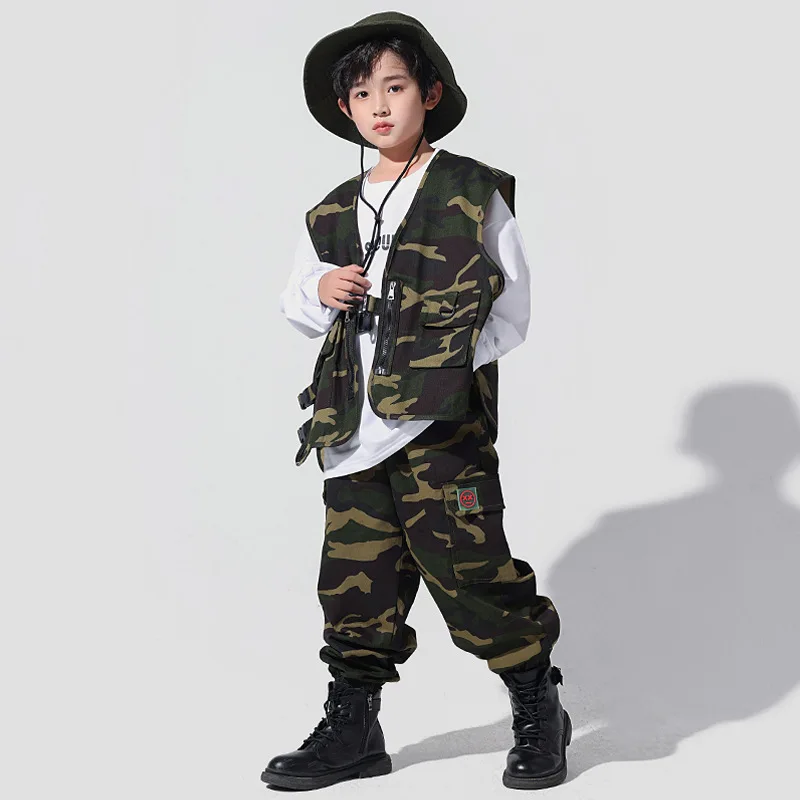 Kids Camouflage Hip Hop Clothes Fashion Tactical Vest Pants White Long Sleeve T Shirt Boys Child Sport Streetwear Dance Costumes