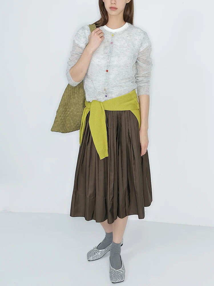 

Юбка-аккордеон JDE Coffee Color Dstring, женская летняя универсальная юбка средней длины А-силуэта с высокой талией, плиссированная