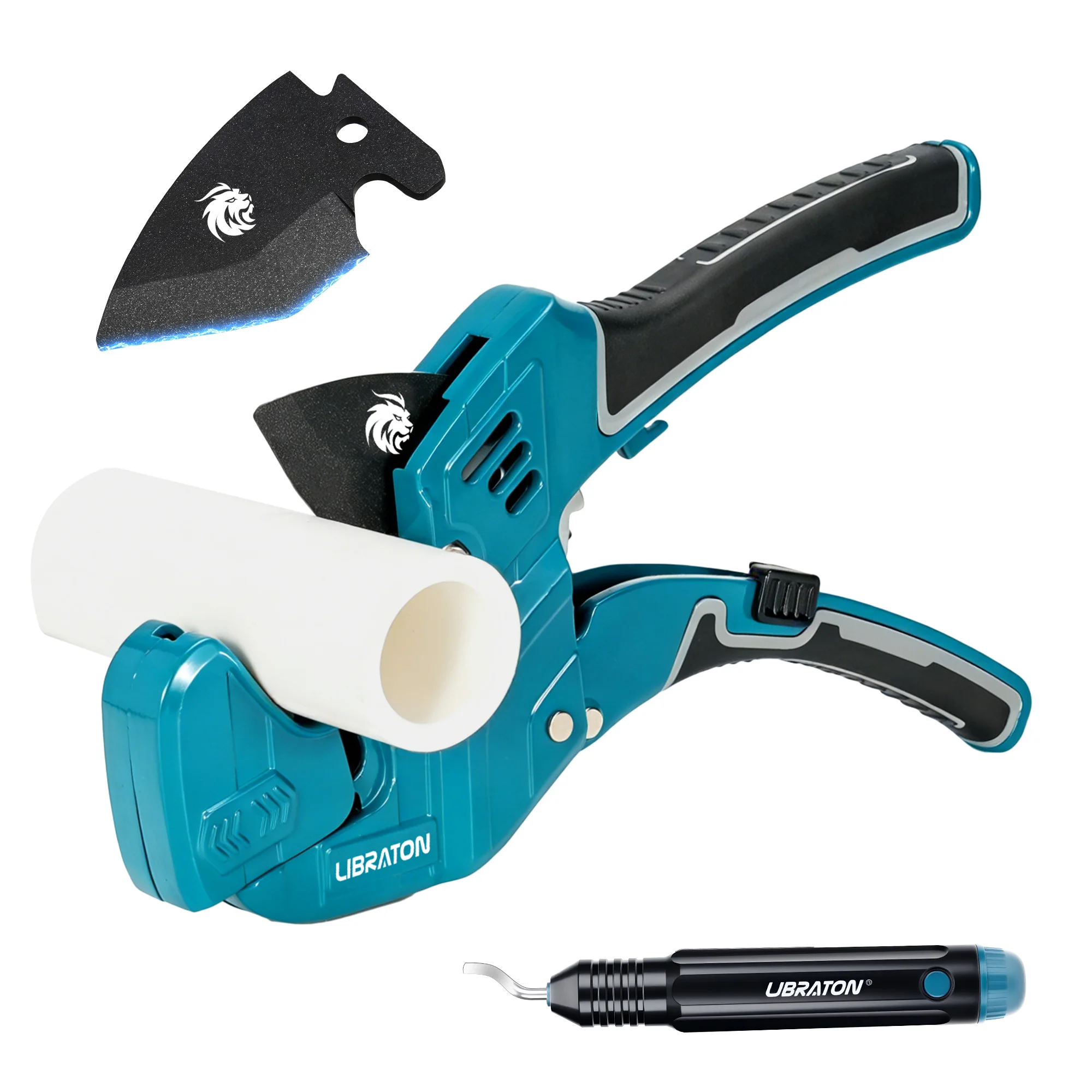 LIBRATON 32-42mm PVC Pipe Cutter Ratchet Tube Cutter Tool with Deburring Tool Replacement Blade for PEX, PVC, PPR Plastic Pipe