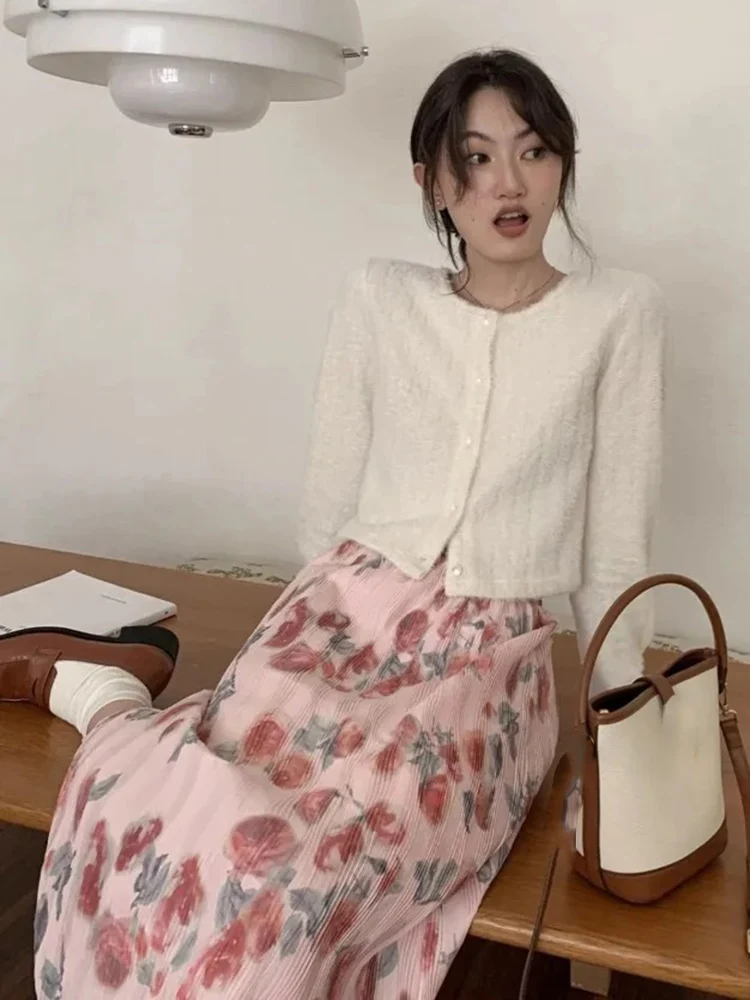 Women Skirts Sweet Stretch High Waist Floral Printed Vintage Sweet Elegant French Style Chic Long Skirt Ladies Casual