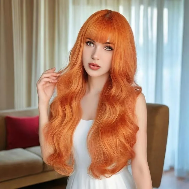 Orange Wigs Neat  Bangs Lovely Hair Girls Long Curly Wig for Women Daily Use Sythetic Fiber Heat Resistant Lovely Gift Peluca