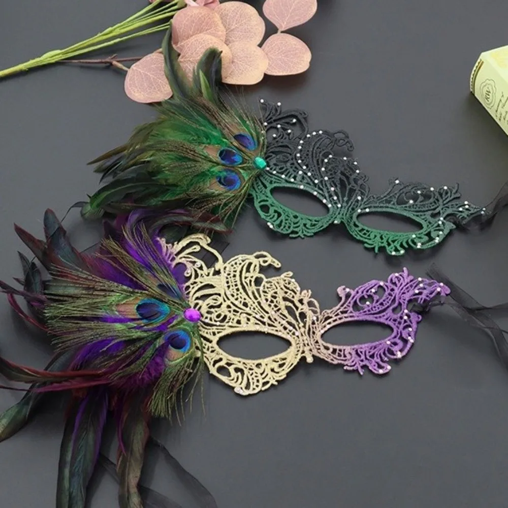 Rhinestone Half-Face Lace Mask Multicolor Cosplay Feather Mask Masquerade Seductive Style Masquerade Mask Rave Celebration