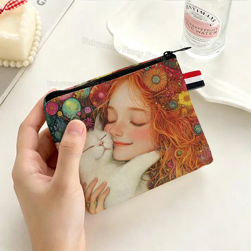 Retro Oil Painting Girl Coin Purse Floral Animals Print Portable Mini Makeup Bag Women Travel Cosmetic Pouch Lipstick Key Wallet