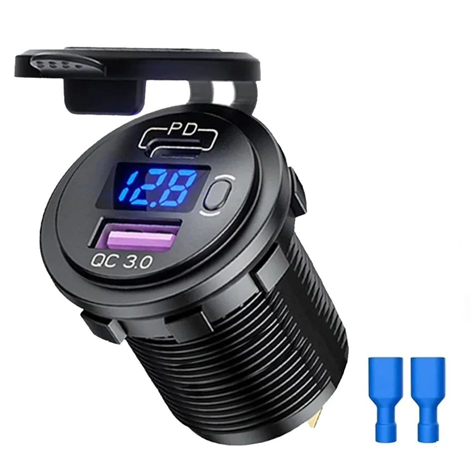 12V USB Car Charger Socket with Digital Display QC3.0 and PD Waterproof Power Outlet for Car RV Truck