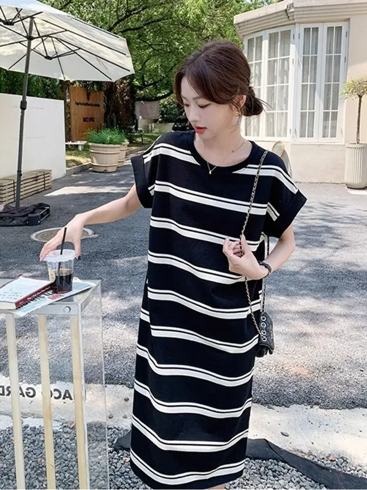 Or Sve Dr – T-shirt d'été à rayures en soie glacée, longueur aux genoux, grande taille, ample, couvrant le ventre, jupe longue amincissante, style coréen