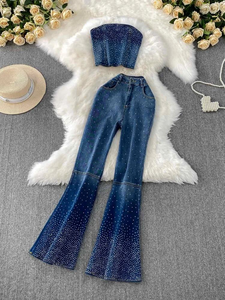 2025 New Summer Design Style Starry Sky Sparkling Hot Diamond Matte Top Set High Waist Slim and Micro Pulling Jeans