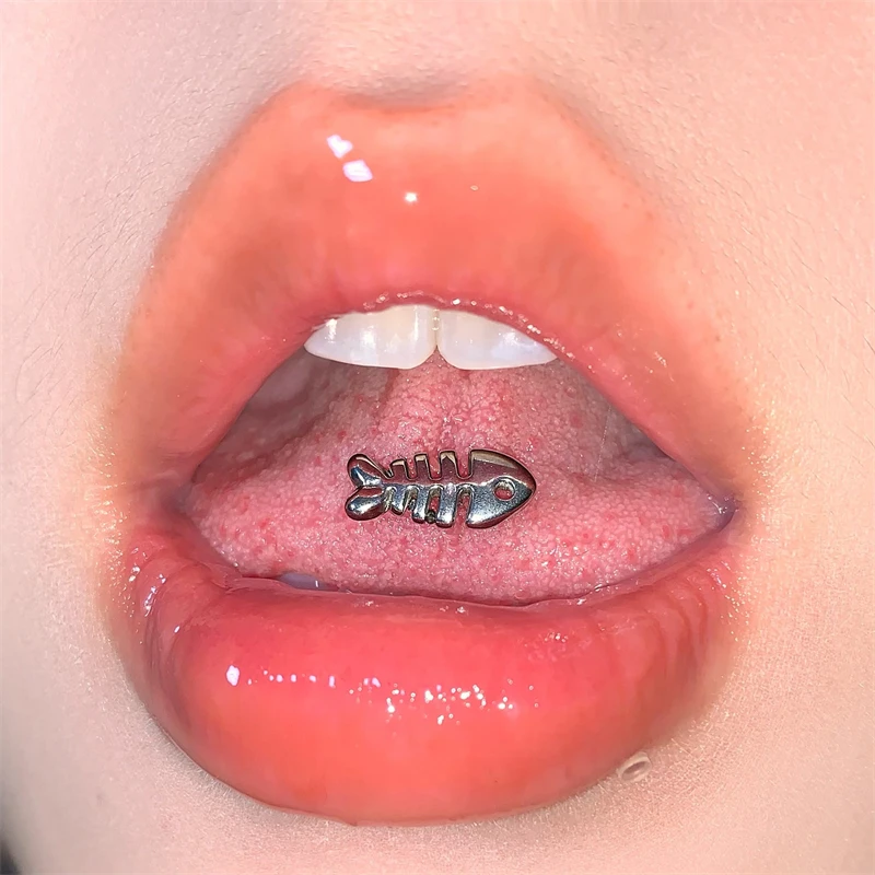 Punk Fish Bone Tongue Ring Cute Spice Girl Tongue Piercing Tongue Stud Titanium Steel Piercing Body Jewelry