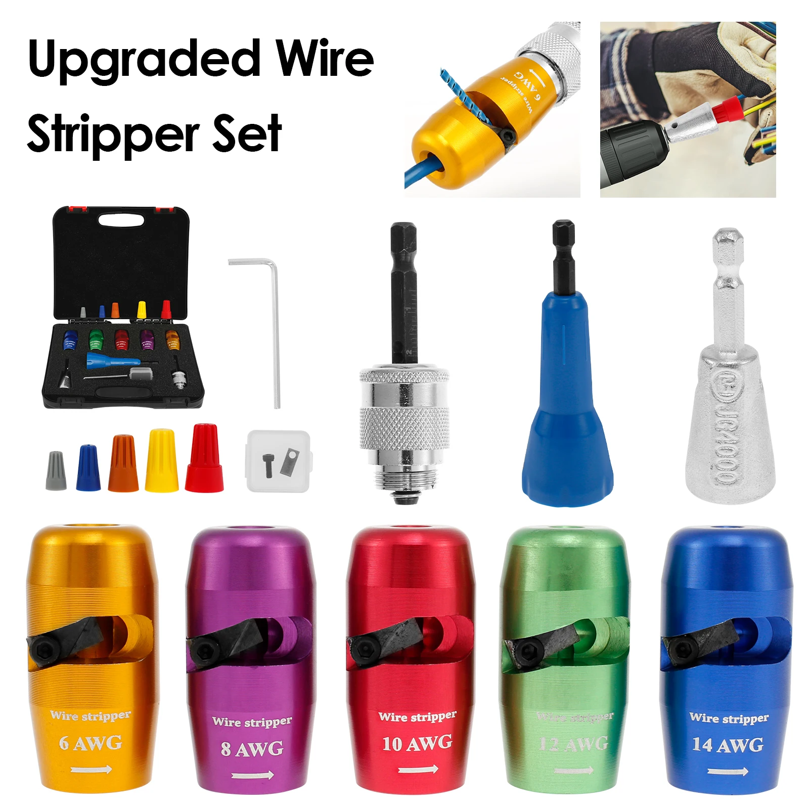 Wire Stripping and Twisting Tool Set AWG 6/8/10/12/14 Gauge Zinc Alloy Cable Peeler Tool Drill Driven Wire Twisting Connector