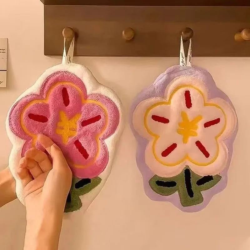New Flower Shape Hand Towel Super Absorbent Cleaning Cloth Bathroom Kitchen Hanging Hand Wipe Thicken Handkerchief Dishcloth