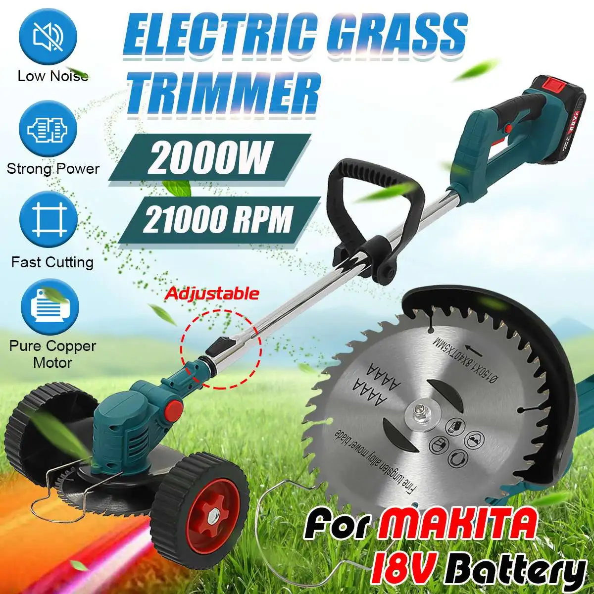 2000W Electric Grass Trimmer Cordless Lawn Mower Hedge Trimmer Adjustable Handheld Garden Power Pruning For Makita 18V Battery