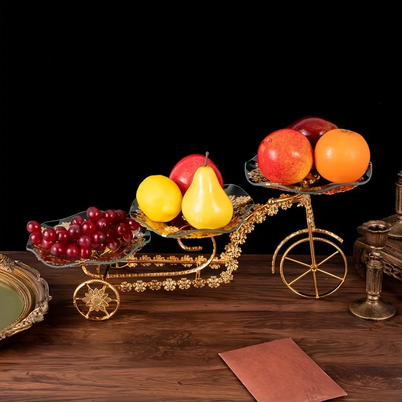 European Bicycle Tempered Glass Fruit Plate, Classical Creative Upscale Living Room Fruit Tumbler Snack Dessert Plate.