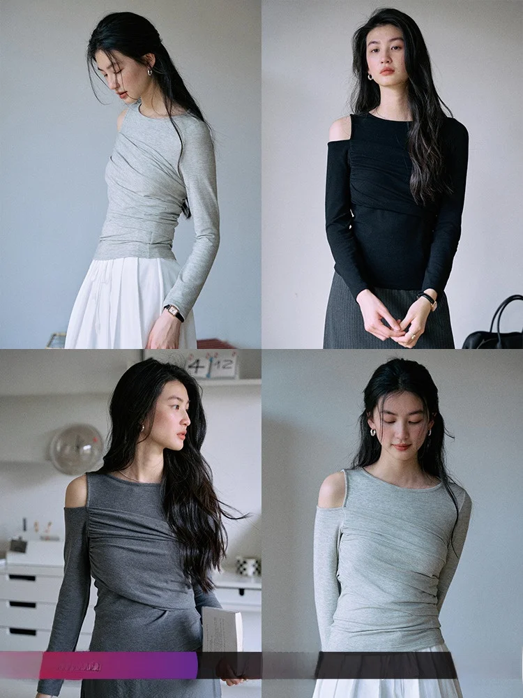 

Jicouture Асимметричная двухслойная облегающая футболка Long Sve с оulder с колючим базовым слоем Универсальный универсальный осенний топ