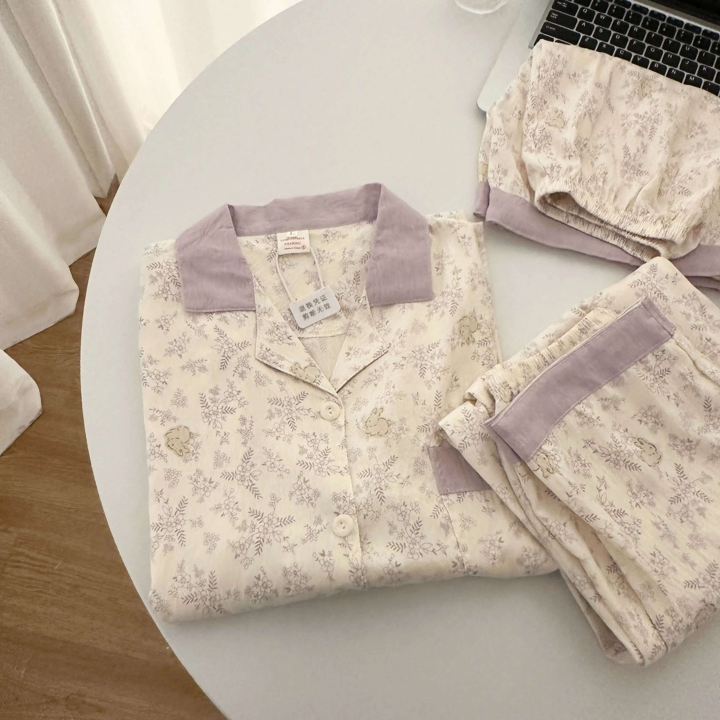 Korean Three-piece Ins Wind Small Fresh Floral Pajamas Sweet Girl Pure Cotton Short-sleeved Cartoon Casual Loose Loungewear