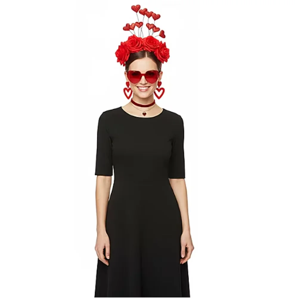 PESENAR Valentinstag Rote Rose Herz Zubehör Set Stirnband Halsband Brille Ohrringe