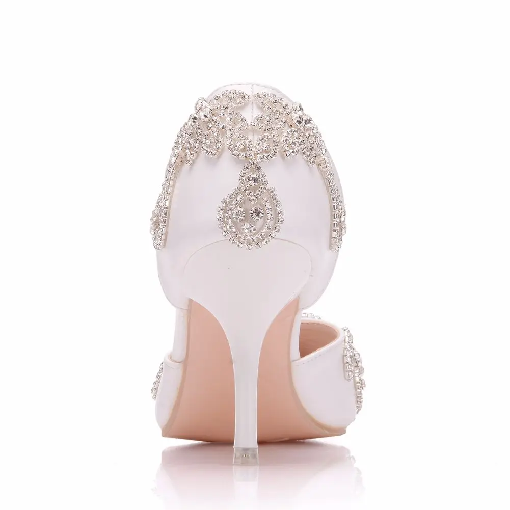 Crystal Queen White Custom Ponited Head Diamond Decorate Shallow PU Leather Elegant 7cm High Heel Sandals Bride Wedding Shoes