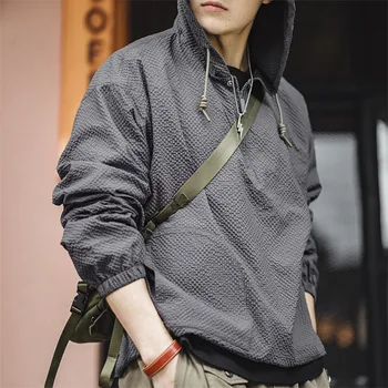 아메리칸 스타일 캐주얼 작업복 Anorak Jacket 후드 티셔츠 남성용 하프 오픈 바디 센스 풀오버 자켓 봄 가을