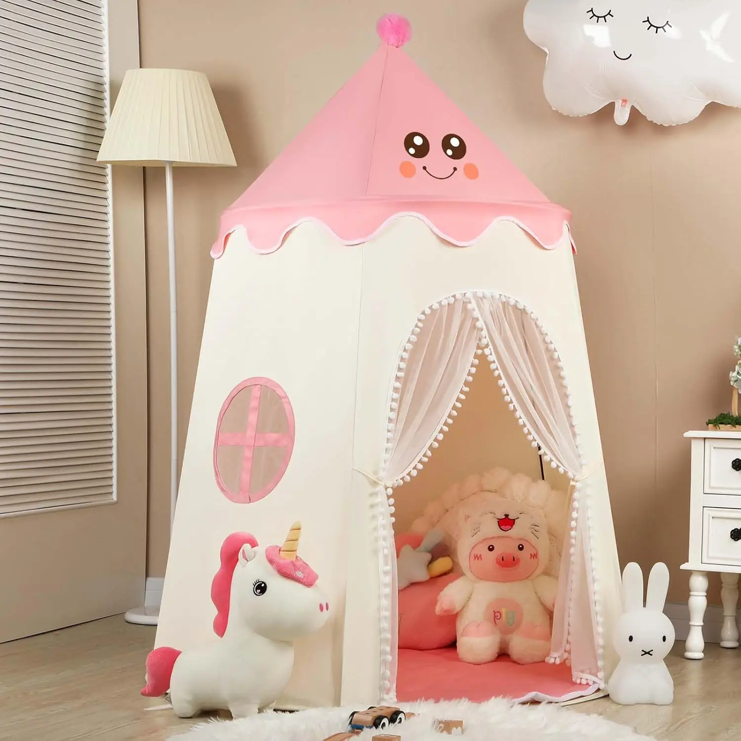 (Pink Tall Tent with mesh) Kids Play Tents for Girls Large Fairy Playhouse for Kids Princess Castle Tent Gift Toys Play House