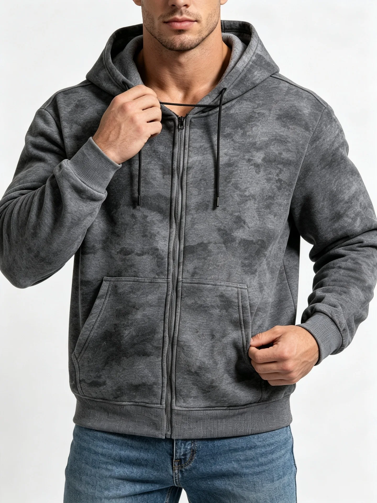 Men Tie Dye Zip Up Hoodie Heavyweight Full Zip Hooded Sweatshirt European High Street Loose Streetwear Autumn Casual Outerwear J
