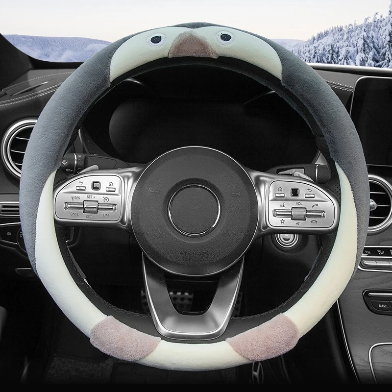 Cute Penguin Winter Plush Car Steering Wheel Cover for Ladies Warm Anti-Slip Short Plush Cartoon Handle Cover