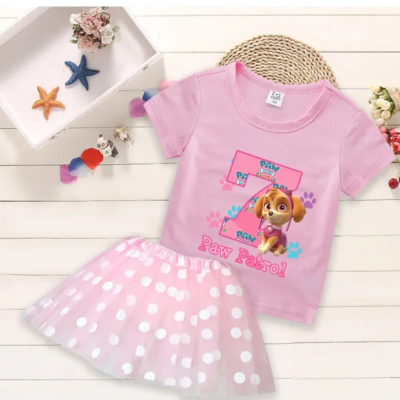 2pcs Paw Patrol Skye T-shirt Dress Cartoon Fashion Kids Sets Polka Dot Print Round Neck Pink Number Birthday Clothing Girls Gift