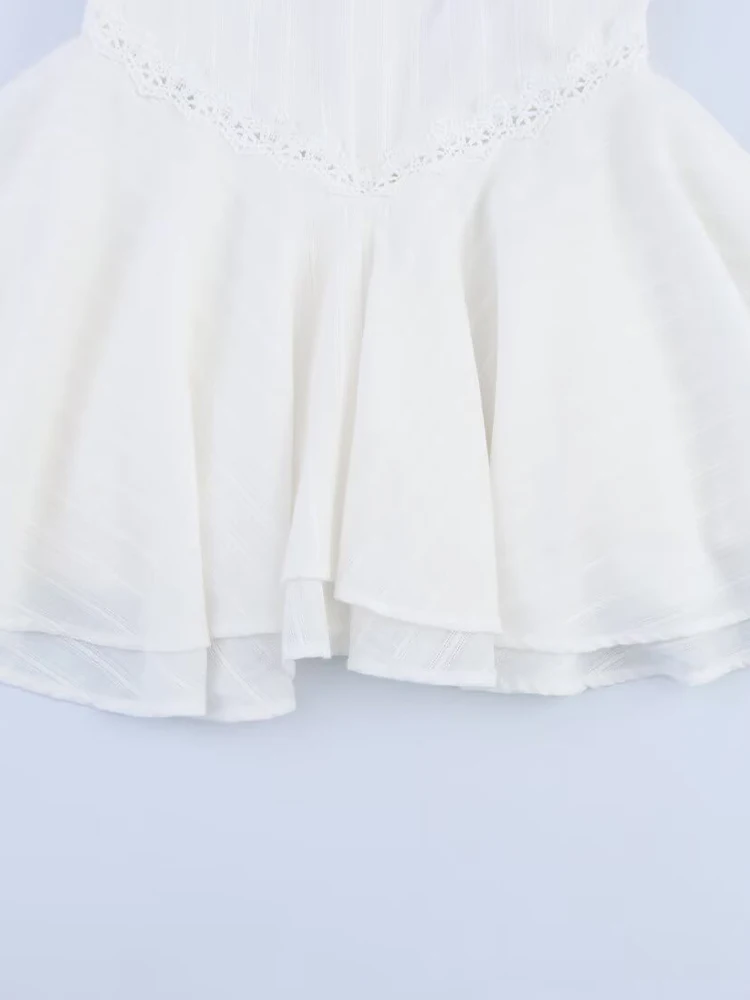 Estilo europeu e americano verão novas roupas femininas em camadas decoração sem costas halter pescoço suspender mini vestido