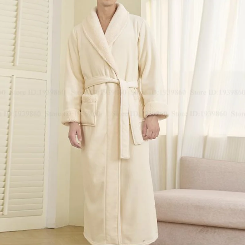 Gaun Jubah Mandi Kimono Jubah Panjang Pria Flanel Tebal Pakaian Tidur Pria Bulu Karang Hangat Pakaian Santai Piyama Pakaian Rumah Musim Gugur Musim Dingin