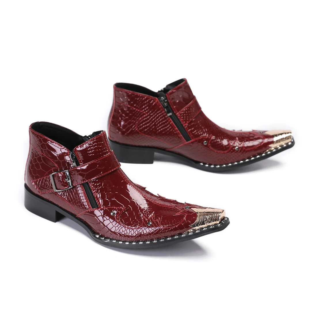Red Pointed Toe Genuine Leather Men Ankle Boots Night Club Party Business Dress Shoes Male Buckle Strap Motorcycle Short Boots