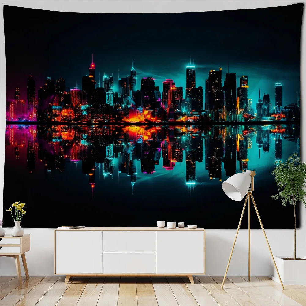 Urban night view tapestry, home decoration, wall hanging cloth, background wall poster, dreamy aesthetic room decoration