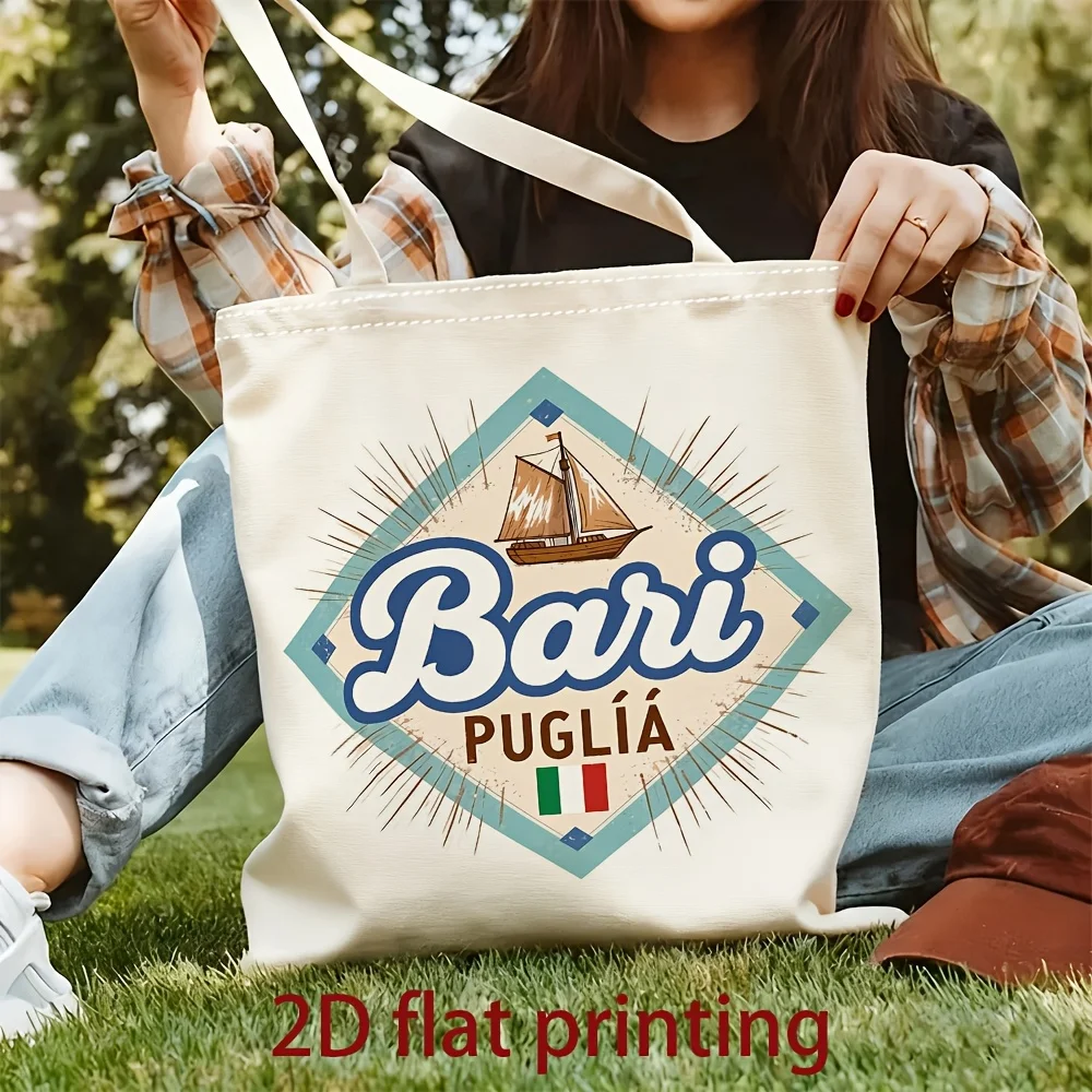 Men'S Canvas Tote Bag - Unisex 2D Flat Printing Diamond Border Sailboat with Bari PUGLIA Italian City Travel Sign, Suitable for