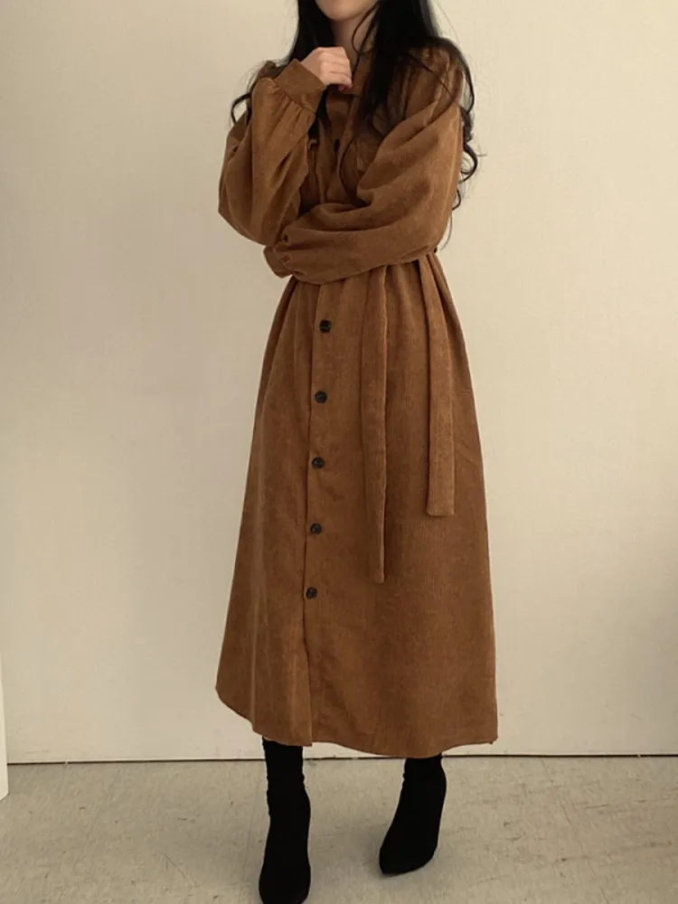 Retro European Style Long Sleeve  Collar Velvet Dress Women's Autumn Winter Belted Long Dress High Waist A-Line Skirt