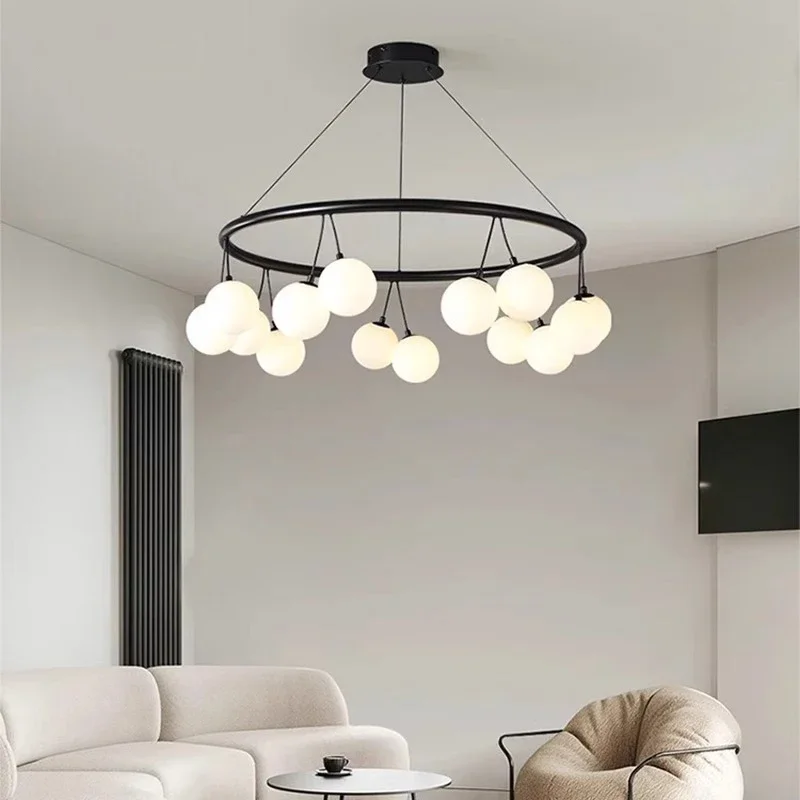 Modern Black Ring-shaped/ Long Strip Chandelier White Glass Ball Pendant Light Restaurant Living Room