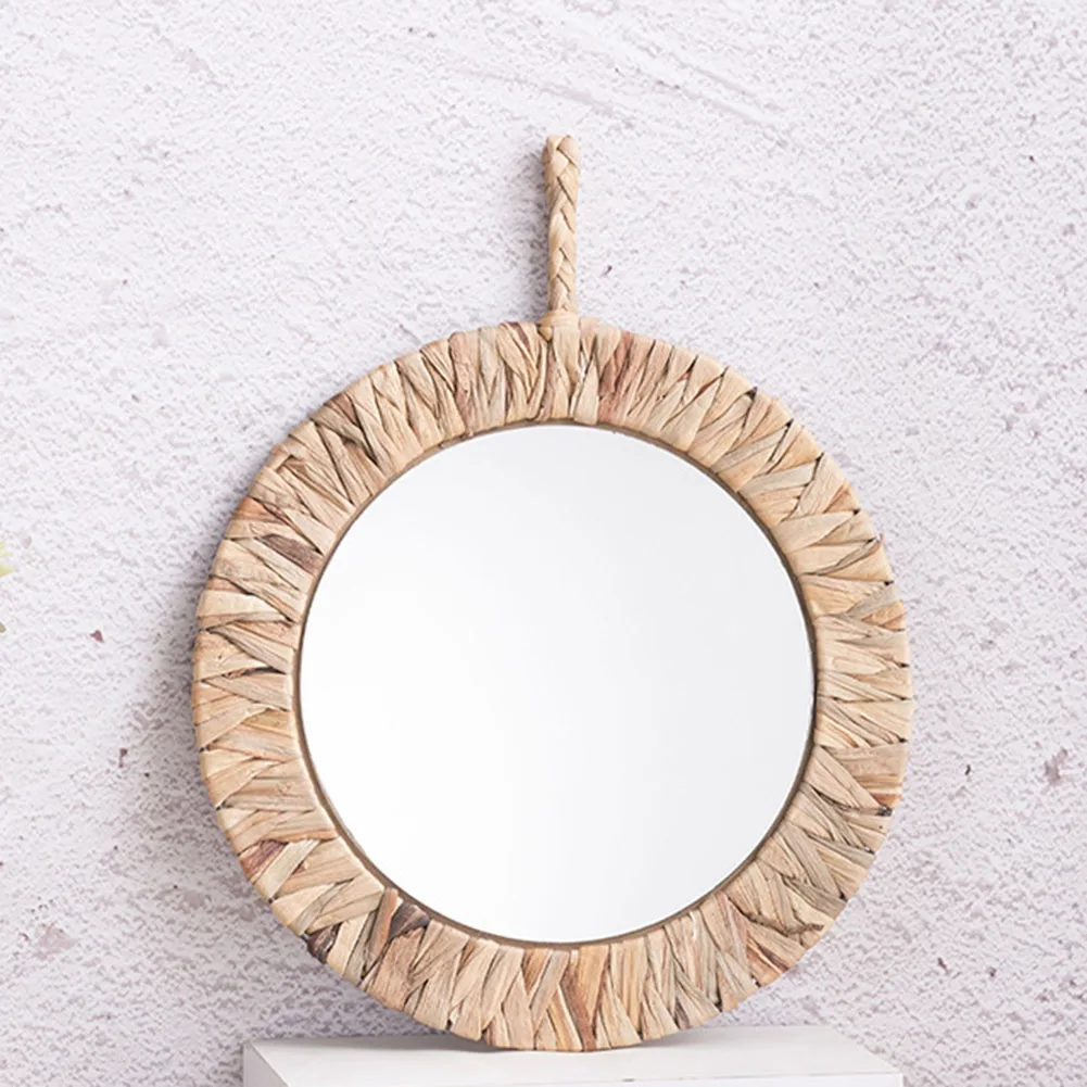 Rattan Round Mirror Mirror Lounge Office Living Room Bathroom Bedroom Corridor Dresser Vintage Style 34.5x34.5cm