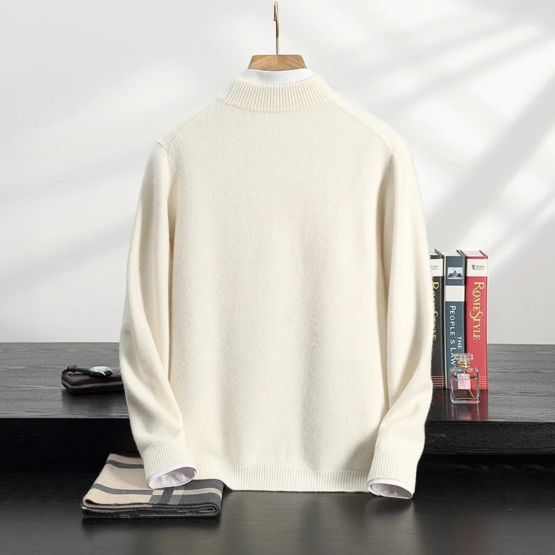 High-end quality cashmere sweaters for men semi-high-neck thick warm knitted sweaters solid-color casual shirts autumn winter