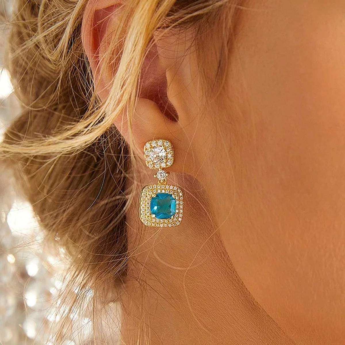 European and American New Earrings for Women, Light Luxury Geometric Square Earrings, Live Broadcast Blue Zircon Earrings Wholesale