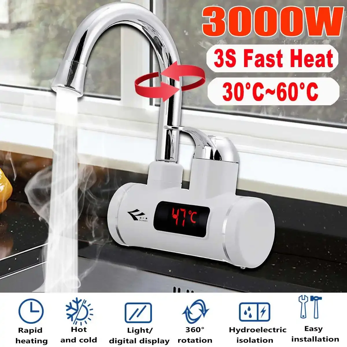 3000W Electric Kitchen Water Heater Tap Instant Hot Water Faucet Heater Cold Heating Faucet Tankless Instantaneous Water Heater