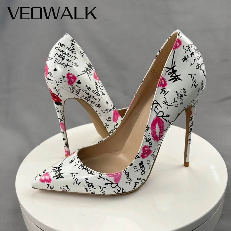 Veowalk White Artistic Graffiti Print Women Sexy Pointed Toe High Heel Shoes Slip on Stiletto Party Dress Shoes Plus Size 33-46