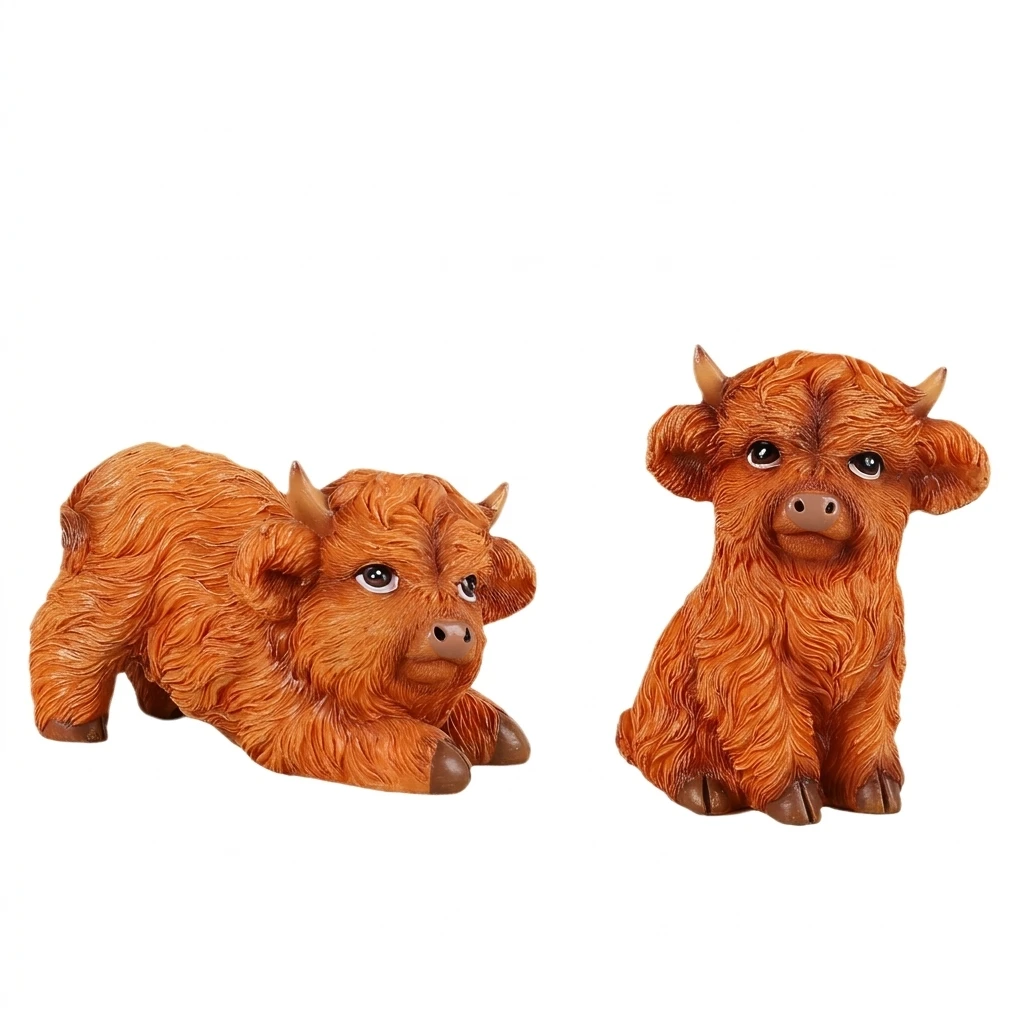 2pcs Highland Cow Figurines Realistic Resin Farm Animal Statues Rustic Home Decor for Garden Patio Kitchen Countertop Set