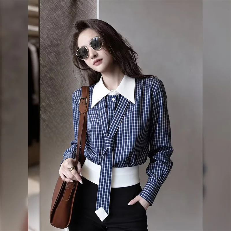 Fashion Spring and Summer Detachable tie Design Contrast Lapel Stitching Temperament Plaid Waist Long Sleeve Shirt Female New