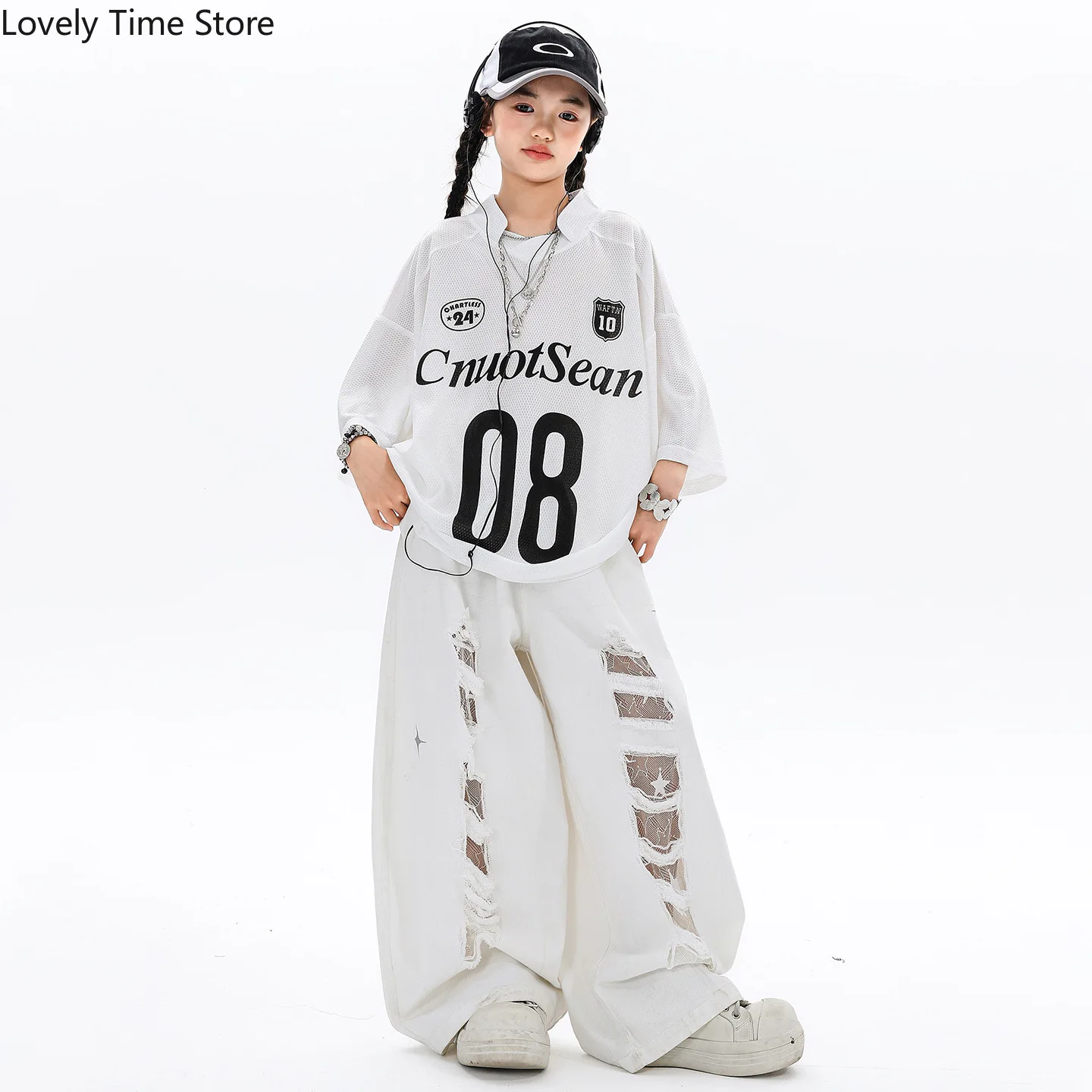 Hip Hop Girls ‌Mesh T-shirt Street Dance Ripped Fashion Pants Kids Streetwear Children Jazz Girl Group Costume K-pop Clothes Set