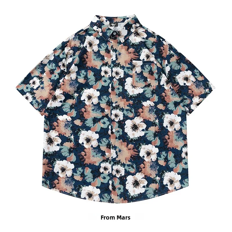 

Свободная винтажная рубашка для мужчин на лето с цветочным принтом в стиле масляной живописи, с коротким рукавом, в расслабленном стиле, тонкая, с классическим воротником.