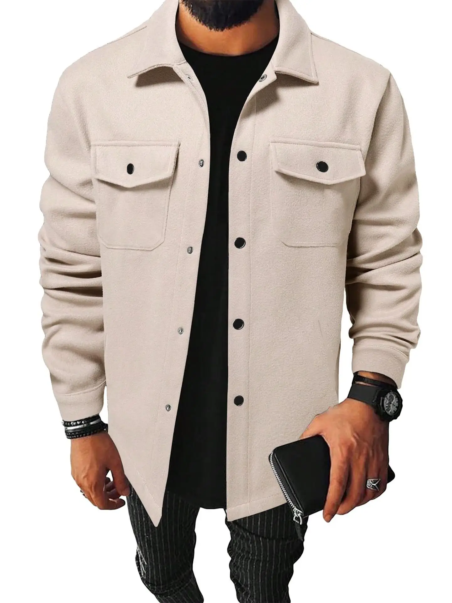 Men's Autumn Winter Turn Collar Brushed  Pockets Shirt Jacket Coat