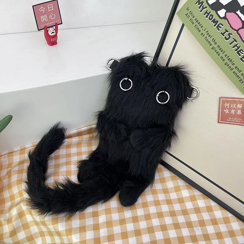 

Милая черная кошка, мультяшная кукла, модная плюшевая сумка через плечо для женщин и девочек, трендовая пушистая сумка на плечо, кошелек, сумка для телефона, повседневная