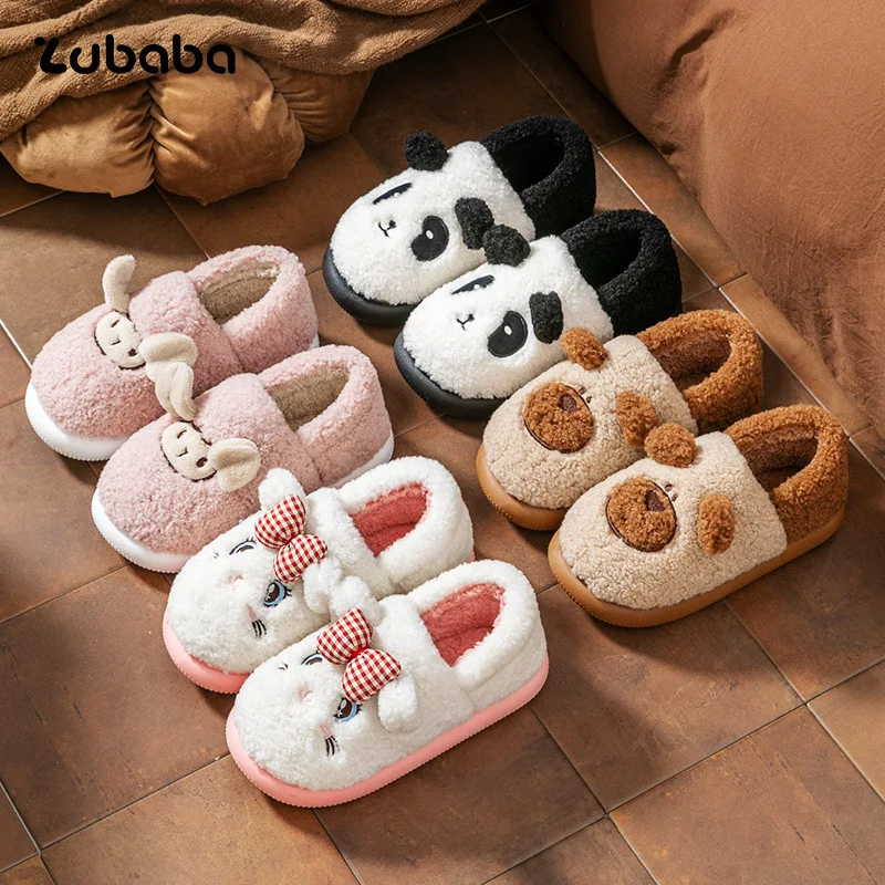 

Детские тапочки, домашняя обувь с пандой и чехлом на каблуке, зимняя обувь для детей, нескользящая теплая черно-коричневая обувь, размер 36-41