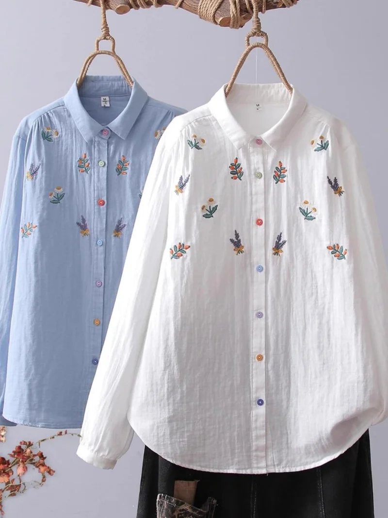 

Fashionable Colorful Leaf Embroidery Shirt Double-Layer Cotton Yarn Long Sleeved Lapel Cotton Loose Top Base w290