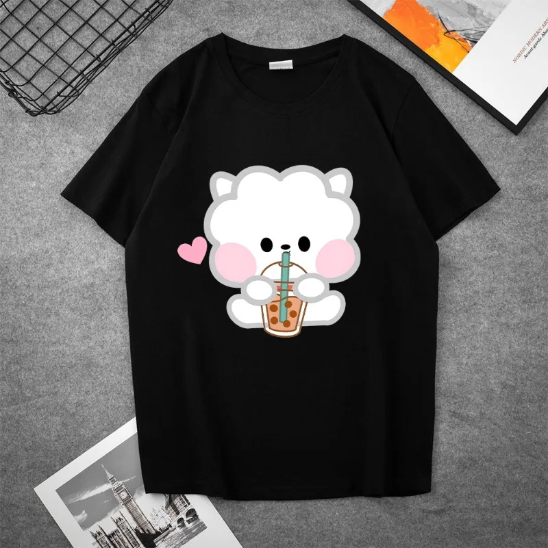 BT21 Cute Doll Cartoon COOKY KOYA Black White Summer Print T-shirt Anime Kawaii RJ Couple Casual Bottom Shirt Loose Short Sleeve